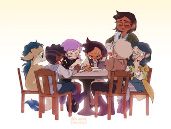2boys 5girls amity_blight bandages bandaid bandaid_on_face black_hair camila_noceda chair dark-skinned_female dark_skin eating glasses green_hair gus_porter highres hunter_(the_owl_house) jacket luz_noceda monster_girl mother_and_daughter multiple_boys multiple_girls pantyhose purple_hair round_eyewear sitting spoilers su_ggushi table the_owl_house torn_clothes vee_(the_owl_house) willow_park