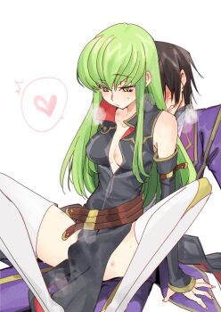 1boy 1girl belt black_hair blush breasts brown_belt bulge c.c. clenched_teeth clothed_sex code_geass creayus detached_sleeves erection erection_under_clothes girl_on_top green_hair heart hetero hickey imminent_penetration lelouch_vi_britannia long_hair parted_lips pelvic_curtain short_hair sitting sitting_on_lap sitting_on_person small_breasts spoken_heart spread_legs sweat teeth thighhighs very_long_hair white_background white_thighhighs yellow_eyes