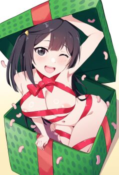 1girl absurdres black_hair blush box breasts christmas commentary_request gift gift_box grey_eyes highres in_box in_container large_breasts linatai long_hair looking_at_viewer love_live! love_live!_nijigasaki_high_school_idol_club naked_ribbon navel nipples nude one_eye_closed open_mouth paid_reward_available ribbon simple_background solo teeth upper_teeth_only white_background yuki_setsuna