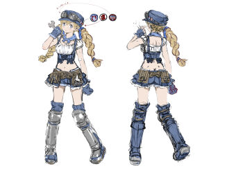 1girl ass blonde_hair blue_gloves blue_hat blue_shorts breasts butt_crack closed_mouth commentary_request full_body gloves hat highres holding holding_wrench loafers long_hair looking_at_viewer navel official_art shoes shorts simple_background smile solo star_ocean star_ocean:_anamnesis twintails welch_vineyard white_background wrench yasuda_akira