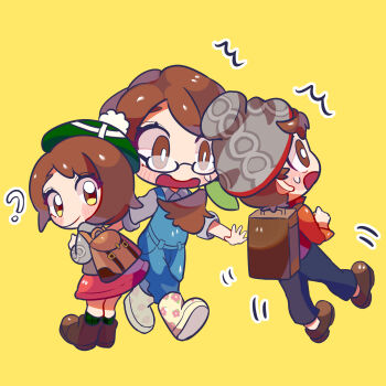 1boy 2girls ? backpack bag beanie black-framed_eyewear black_pants blush blush_stickers boots bright_pupils brown_bag brown_eyes brown_hair brown_shoes closed_mouth commentary deformed dress english_commentary eyelashes floral_print galar_mother glasses gloria_(pokemon) green_hat green_socks grey_hat grey_jacket hair_over_shoulder hat highres jacket long_hair mother_and_daughter mother_and_son multiple_girls nintendo pants pink_dress plaid_clothes plaid_socks pokemon pokemon_swsh ponytail red_shirt semi-rimless_eyewear shirt shoes short_hair simple_background socks tam_o&#039;_shanter user_vrme3225 victor_(pokemon) white_boots white_pupils yellow_background