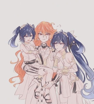 2girls 3girls age_comparison ahoge ancient_greek_clothes arm_armor arm_hug armlet armor augusta_(wuthering_waves) bare_shoulders black_skirt blue_eyes blue_hair bra breastplate bridal_gauntlets closed_mouth commentary earrings english_commentary greco-roman_clothes hair_between_eyes iuno_(wuthering_waves) jealous jewelry kyrus_hiki laurel_crown looking_at_another multicolored_hair multiple_girls open_mouth orange_hair pointing pointing_forward showgirl_skirt single_bridal_gauntlet skirt smile streaked_hair sun_earrings sun_necklace tacet_mark_(wuthering_waves) thighs time_paradox twintails twitter_username underwear vambraces white_bra wuthering_waves