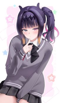 1girl absurdres black_bow black_bowtie black_hair black_skirt bow bowtie closed_mouth gradient_hair grey_eyes grey_sweater hashtag-only_commentary heterochromia highres hololive hololive_english long_sleeves lyusiola miniskirt mole mole_under_eye multicolored_hair ninomae_ina'nis ninomae_ina'nis_(school_uniform) orange_hair pink_eyes pink_hair pleated_skirt pointy_ears skirt solo star_(symbol) streaked_hair sweater tentacle_hair