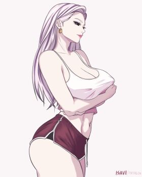 Rule 34 | 1girl, artist name, black sclera, breasts, colored sclera, highres, isavi, jujutsu kaisen, large breasts, long hair, multicolored eyes, pink hair, shirt, shorts, signature, sleeveless, sleeveless shirt, striped clothes, uro takako