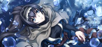 1girl black_gloves black_hair blue_eyes brown_cape cape closed_mouth code_geass code_geass:_lost_stories f4samurai game_cg gloves highres knightmare_frame long_hair looking_at_viewer maya_disel mecha official_art pendulum_(code_geass) ponytail robot solo