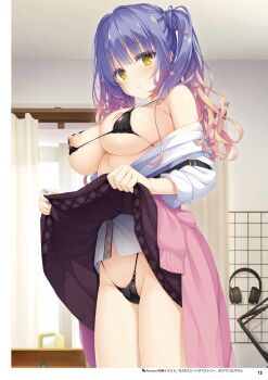 1girl absurdres armpit_crease bare_shoulders bikini bikini_under_clothes black_bikini blonde_hair blue_hair blue_nails blush breasts brown_skirt clothes_around_waist clothes_lift clothes_pull cowboy_shot expressionless eyelashes eyes_visible_through_hair flower gradient_hair groin gyaru hair_between_eyes hair_flower hair_ornament hair_over_shoulder headphones highleg highleg_bikini highres indoors kogal kohibari_kurumi large_breasts lifting_own_clothes long_sleeves looking_at_viewer micro_bikini mizuka_academy_school_uniform multicolored_hair muririn nail_polish nipple_slip nipples o-ring o-ring_bikini official_art parted_lips pink_flower pink_sweater school_uniform shirt shirt_pull sidelocks skirt skirt_lift sleeves_rolled_up solo standing suspender_skirt suspenders sweater swimsuit tenshi_souzou_re-boot! thighs third-party_source twintails twintails_with_hair_base underboob underwear wavy_hair white_shirt yellow_eyes