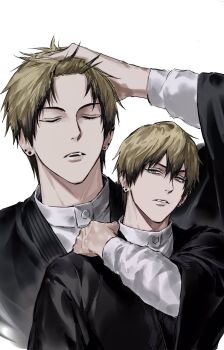 Rule 34 | 1boy, black hair, blonde hair, closed eyes, closed mouth, colored tips, earrings, hair pulled back, hand on own shoulder, highres, japanese clothes, jewelry, jujutsu kaisen, male focus, multicolored hair, multiple views, short hair, simple background, sso s, streaked hair, teeth, upper body, white background, yellow eyes, zen'in naoya