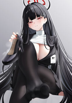 1girl absurdres arm_support ass black_hair black_jacket black_pantyhose black_shoes black_skirt blazer blue_archive blunt_bangs breasts cleavage clothes_lift commentary_request cowboy_shot feet grey_background hair_ornament hairclip halo head_tilt high_heels highres holding holding_shoes holding_unworn_clothes id_card jacket large_breasts long_hair long_sleeves looking_at_viewer mi_rong_abmiron millennium_science_school_logo multicolored_halo no_shoes pantyhose parted_lips pleated_skirt red_eyes red_halo rio_(blue_archive) shoes sidelocks simple_background sitting skirt smile solo sweater sweater_lift thighs turtleneck turtleneck_sweater two-tone_halo unworn_shoes white_sweater