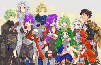 1other 4boys 4girls armor arval_(fire_emblem) barefoot black_armor black_cape black_choker black_gloves black_hair blonde_hair blue_eyes blush bryminoru cape carrying carrying_person choker claude_von_riegan closed_eyes closed_mouth commentary_request dark_skin dimitri_alexandre_blaiddyd earrings edelgard_von_hresvelg facial_mark female_byleth_(awakened)_(fire_emblem) female_byleth_(fire_emblem) female_shez_(fire_emblem) fire_emblem fire_emblem:_three_houses fire_emblem_warriors:_three_hopes gloves green_eyes green_hair grey_hair hair_bun hair_over_one_eye hand_on_own_hip jewelry long_hair looking_at_another male_byleth_(awakened)_(fire_emblem) male_byleth_(fire_emblem) male_shez_(fire_emblem) multiple_boys multiple_girls nintendo official_alternate_costume one_eye_covered open_mouth pointy_ears purple_eyes purple_hair red_cape red_eyes short_hair single_hair_bun smile sothis_(fire_emblem) toes white_background yellow_cape