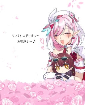 2girls beret detached_sleeves earrings eden_(flowing_rhyme)_(honkai_impact) eden_(honkai_impact) elf elysia_(hi_love_elf)_(honkai_impact) elysia_(honkai_impact) eyewear_on_head field flower flower_field hashtag-only_commentary hat heart heart_earrings holding_chibi honkai_(series) honkai_impact_3rd jewelry long_hair multicolored_hair multiple_girls pink_hair pointy_ears short_hair smile sunglasses toufu_0626 translation_request two-tone_hair very_long_hair white_hair yellow_eyes