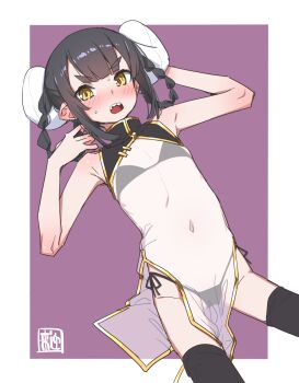 akari_(raigou) black_bra black_hair black_panties blush border bra bun_cover china_dress chinese_clothes covered_navel dress elf flat_chest highres navel open_mouth original outside_border panties pointy_ears raigou seal_impression see-through_clothes sharp_teeth side-tie_panties side_slit skinny teeth thick_eyebrows thighhighs underwear white_border yellow_eyes