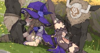 1girl 2boys arm_support ass belt breasts breasts_out brooch brown_hair captured commission cum cum_in_mouth cum_in_pussy defeat ejaculation fellatio female_ejaculation female_orgasm flower forced genshin_impact gloves green_eyes hat hat_flower hetero highres hilichurl_(genshin_impact) horns jewelry leg_grab lisa_(genshin_impact) lying medium_breasts multiple_boys nipples no_panties on_stomach oral orgasm outdoors penis pussy rape sex sex_from_behind shuuko_(s_h_uuko) spitroast split spread_legs thighhighs torn_clothes vaginal