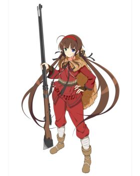 1girl ahoge ammunition axe bandaged_leg bandages bandolier belt black_ribbon black_trim blue_eyes blush boots bridal_gauntlets brown_hair bullet chest_ribbon cloak fur_boots fur_cloak green_eyes gun hair_ribbon hairband hand_on_own_hip hat hat_on_back heterochromia holding holding_gun holding_weapon long_hair looking_at_viewer low_twintails non-web_source official_alternate_costume official_art pants red_hairband red_pants red_shirt red_tunic ribbon rifle ryoubi_(senran_kagura) senran_kagura senran_kagura_new_wave senran_kagura_shinovi_versus shirt simple_background smile solo straw_hat tunic twintails very_long_hair weapon white_background yaegashi_nan