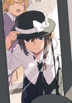 Rule 34 | 2girls, bag, black eyes, black hat, black necktie, blonde hair, bow, brown hair, calendar (object), closed eyes, closed mouth, collared shirt, commentary request, hand on headwear, hat, hat bow, hitogome, leaning forward, long sleeves, looking at mirror, looking at viewer, maribel hearn, mirror, multiple girls, necktie, open mouth, shirt, solo focus, touhou, usami renko, white bow, white shirt, yawning