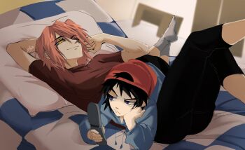 Rule 34 | 1boy, 1girl, age difference, aishadadagova, blue hoodie, cellphone, flcl, green eyes, haruhara haruko, head on pillow, highres, hood, hoodie, nandaba naota, on bed, phone, pillow, pink hair, short hair, size difference, smile