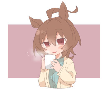 1girl agnes_tachyon_(umamusume) ahoge animal_ears beer_hsk blue_shirt blush_stickers brown_background brown_eyes brown_hair brown_jacket collared_shirt commentary_request cropped_torso cup dress_shirt hair_between_eyes hands_up holding holding_cup horse_ears jacket long_sleeves looking_at_viewer mug open_clothes open_jacket parted_lips puffy_long_sleeves puffy_sleeves shirt smile solo two-tone_background umamusume upper_body