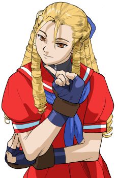 Rule 34 | 1girl, antenna hair, bengus, blonde hair, blue eyes, bow, brown eyes, finger to own chin, game cg, hair bow, hand on own elbow, highres, kanzuki karin, long hair, looking at viewer, non-web source, official art, portrait, red sailor collar, red serafuku, ringlets, sailor collar, school uniform, serafuku, simple background, smile, smirk, smug, solo, street fighter, street fighter zero (series), undershirt, upper body, white background, zipper