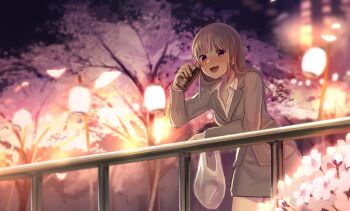 1girl absurdres alcohol bag beer beer_can blush can cherry_blossoms collared_shirt commentary_request drink_can flower grey_hair grey_jacket grey_skirt highres holding holding_can jacket lantern long_hair long_sleeves looking_at_viewer night office_lady open_mouth original outdoors petals pink_flower plastic_bag purple_eyes railing sarukichi shirt skirt solo tree white_shirt