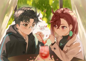 1boy 1girl ababab114 ayase_momo black_coat black_hair black_sweater blush brown_coat brown_eyes brown_hair coat collared_shirt couple cup curtains dandadan drink drinking_straw earrings elbow_rest falling_petals glasses hair_behind_ear hair_between_eyes heart highres holding_straw jewelry long_sleeves looking_at_another looking_at_viewer medium_hair necklace petals puckered_lips round_eyewear shared_drink shirt short_hair spoken_blush sweat sweatdrop sweater table takakura_ken_(dandadan) turtleneck turtleneck_sweater upper_body valentine