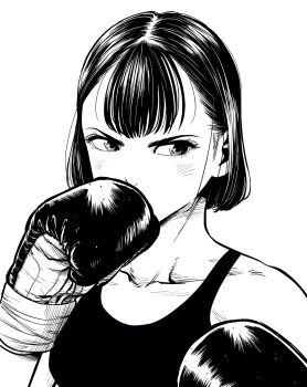 1girl boxing boxing_gloves breasts commentary_request covering_own_mouth fighting_stance hair_behind_ear hatching_(texture) highres lee_(dragon_garou) light_blush medium_breasts monochrome original serious short_hair solo sports_bra upper_body
