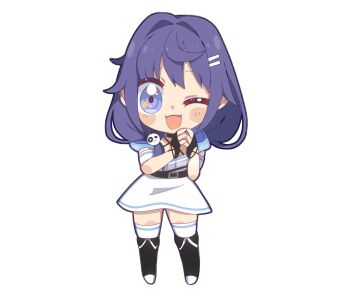 1girl ;) azuracub belt bk_(barakoodra) black_boots boots chibi dress hair_ornament hair_over_shoulder hairclip highres indie_virtual_youtuber looking_at_viewer one_eye_closed panda_hair_ornament parallel_hairclips purple_eyes purple_hair smile star_(symbol) star_in_eye symbol_in_eye thighhighs twintails virtual_youtuber white_thighhighs