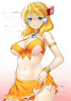 1girl absurdres alia_(mega_man) android armlet bikini bikini_skirt blonde_hair blue_eyes body_(bacoborn) bracelet breasts chest_jewel cleavage clenched_teeth gradient_background hands_on_own_hips headgear highres jewelry joints large_breasts long_hair looking_at_viewer medium_hair mega_man_(series) mega_man_x_(series) mega_man_x_dive multicolored_bikini navel navigator orange_bikini robot robot_ears robot_girl robot_joints sky smile solo summer swimsuit swimsuit_alia_(mega_man) teeth two-tone_bikini yellow_bikini