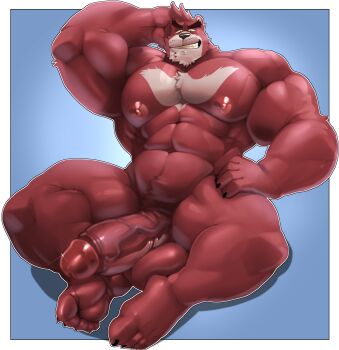 1boy abs absurdres arm_behind_head bakemono_no_ko bara bear_boy biceps blue_background broad_shoulders facial_hair full_body furry furry_male girthy_penis grin hand_on_own_hip highres huge_pectorals huge_penis huge_testicles komboochie_(cursedmarked) looking_down male_focus muscular muscular_arms muscular_legs muscular_male mustache_stubble nipples penis shiny_skin smile solo stubble testicles thick_eyebrows thighs veins veiny_penis