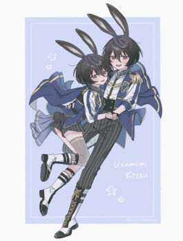 1boy 1girl ahoge aiguillette animal_ears ass black_hair blue_cape boots buttons cape commentary_request dual_persona ensemble_stars! epaulettes fang fingerless_gloves fleur-de-lis full_body genderswap genderswap_(mtf) gloves gold_trim hair_between_eyes hand_on_another&#039;s_back high-waist_pants highres holding_hands lace-up_boots long_sleeves pants puffy_long_sleeves puffy_sleeves rabbit_ears rabbit_tail red_eyes sakuma_ritsu shirt short_shorts shorts single_thighhigh smile striped_clothes striped_pants striped_shorts tail tailcoat thighhighs tumu_ri_o twitter_username vertical-striped_clothes vertical-striped_pants vertical-striped_shorts white_boots white_shirt zipper