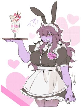 1girl absurdres alternate_costume animal_ear_hairband animal_ears apron arrow_(symbol) black_dress blush bow breasts character_name clenched_teeth colored_sclera colored_skin cropped_legs cup deltarune dress embarrassed fake_animal_ears food four_weeks frilled_apron frills frown furry furry_female hairband hand_up heart heart_background highres holding holding_tray ice_cream large_breasts long_hair name_tag pantyhose puffy_short_sleeves puffy_sleeves pulling_own_clothes purple_hair purple_skin reptile_girl sharp_teeth short_dress short_sleeves skirt skirt_tug solo squiggle sundae susie_(deltarune) sweatdrop teeth tray utdr_(toby_fox) waist_apron waitress white_bow yellow_sclera