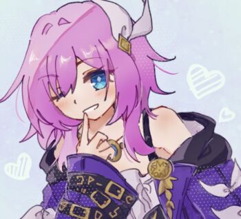 1girl ;) bare_shoulders blue_background blue_eyes blush breasts coat commentary_request cyrene_(aedes_elysiae)_(honkai:_star_rail) cyrene_(honkai:_star_rail) dolphin9_1 dress hair_ornament heart honkai:_star_rail honkai_(series) jewelry looking_at_viewer necklace one_eye_closed pink_hair purple_coat short_hair simple_background small_breasts smile solo white_dress