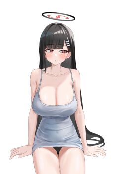 1girl absurdres alternate_costume bartoll black_hair black_halo black_panties blue_archive breasts chinese_commentary cleavage commentary_request dress grey_dress halo highres large_breasts long_hair looking_to_the_side panties red_eyes rio_(blue_archive) shangdi_de_fa_zhang simple_background sitting solo thighs underwear very_long_hair white_background