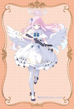 1girl angel_wings blue_archive blue_bow bow breasts buttons capelet closed_mouth commentary_request crescent double-breasted dress feathered_wings flower full_body gold_trim gradient_hair gun hair_bun hair_flower hair_ornament halo high_heels highres holding holding_gun holding_weapon lanchester_smg long_hair looking_at_viewer low_wings medium_breasts mika_(blue_archive) multicolored_hair pantyhose pink_hair pink_halo pumps scrunchie single_hair_bun single_side_bun smile solo submachine_gun user_memt4525 very_long_hair weapon white_capelet white_dress white_hair white_pantyhose white_wings wing_ornament wings wrist_scrunchie yellow_eyes