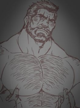 1boy absurdres bara beard broad_shoulders chest_hair connected_beard embarrassed facial_hair final_fantasy final_fantasy_vii final_fantasy_vii_remake frown full_beard heidegger_(final_fantasy) highres juggermelon large_pectorals male_focus mature_male monochrome muscular muscular_male nipple_stimulation nipple_tweak pectorals scar scar_across_eye scar_on_face short_hair