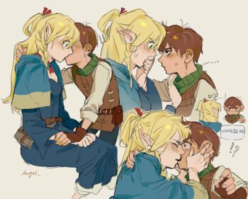 !? 1boy 1girl artist_name bandana belt black_eyes black_pants blonde_hair blue_capelet blue_dress blush braid brown_belt brown_hair brown_vest capelet chilchuck_tims chinese_text choker closed_eyes closed_mouth commentary covering_another&#039;s_mouth cowboy_shot dress dungeon_meshi english_commentary green_bandana green_eyes grey_background hair_between_eyes hair_ribbon hand_on_another&#039;s_face hand_up hands_on_another&#039;s_face hetero highres kiss kugai697139 long_hair long_sleeves looking_at_another marcille_donato multiple_views open_mouth pants pocket pointing pointing_at_another pointy_ears red_choker red_ribbon ribbon shirt short_hair simple_background sitting speech_bubble standing surprise_kiss surprised sweatdrop tan translation_request upper_body vest white_shirt wide_sleeves