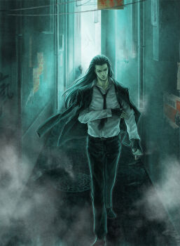 Rule 34 | 1990s (style), 1boy, alley, black hair, cigarette, facial mark, final fantasy, final fantasy vii, fingerless gloves, forehead mark, formal clothes, gloves, gun, highres, holster, long hair, male focus, manhole, necktie, retro artstyle, shoulder holster, solo, tetra takamine, tseng, turks (ff7), weapon