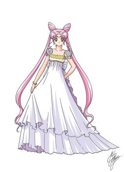 1girl arm_behind_back bead_necklace beads bishoujo_senshi_sailor_moon breasts chibi_usa cleavage cone_hair_bun crescent crescent_facial_mark double_bun dress earrings facial_mark female_focus forehead_mark full_body hair_beads hair_bun hair_ornament jewelry long_hair marco_albiero necklace pink_hair red_eyes signature simple_background skirt_hold small_breasts small_lady_serenity solo twintails very_long_hair white_background white_dress