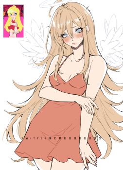 1girl bare_shoulders blonde_hair blue_eyes breasts cowboy_shot criis-chan dress long_hair panty_&amp;_stocking_with_garterbelt panty_(psg) red_dress small_breasts solo