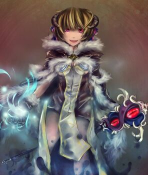 Rule 34 | 1girl, blonde hair, breasts, brown background, brown cape, brown dress, brown gloves, brown horns, cape, commentary request, cowboy shot, dress, fur-trimmed cape, fur-trimmed gloves, fur trim, gloves, grey dress, high wizard (ragnarok online), holding, holding staff, horns, layered dress, living weapon, looking at viewer, medium breasts, open mouth, ragnarok online, red eyes, serizawa mutsuki, short dress, short hair, smile, solo, staff