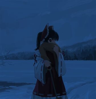 1girl adjusting_scarf black_hair bow cloud cloudy_sky commentary dark english_commentary frilled_bow frilled_hair_tubes frills hair_bow hair_tubes hakurei_reimu highres holding holding_shovel looking_to_the_side outdoors ponytail profile red_bow red_skirt reisende1969 ribbon-trimmed_sleeves ribbon_trim scarf scarf_over_mouth shovel skirt skirt_set sky snow solo touhou wide_sleeves winter yellow_scarf