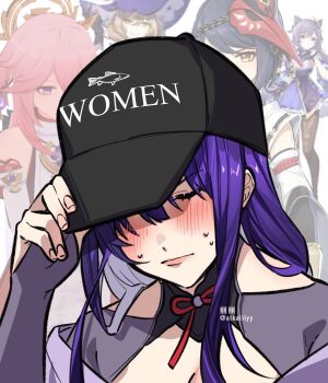 6+girls alkalilyy artist_name baseball_cap blunt_bangs blush breasts bridal_gauntlets chinese_clothes cleavage close-up closed_mouth clothing_cutout commentary embarrassed english_commentary english_text game_screenshot game_screenshot_inset genshin_impact hair_between_eyes hat head_tilt highres implied_yuri japanese_clothes keqing_(genshin_impact) kimono kujou_sara leaning_forward lisa_(genshin_impact) meme mole mole_under_eye multicolored_hair multiple_girls neck_ribbon nervous_sweating no_mole off_shoulder pink_lips purple_hair purple_kimono raiden_shogun red_ribbon ribbon screencap screenshot_background screenshot_inset shade shoulder_cutout shy solo_focus streaked_hair sweat twitter_username very_sweaty women_want_me_fish_fear_me_(meme) yae_miko