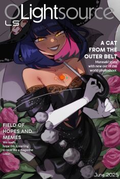 0lightsource animal_ears artist_name asteroid bare_shoulders black_hat cat_boy cat_ears character_name chest_tattoo colored_inner_hair cover crossdressing crossdressing_(mtf) dark-skinned_male dark_skin dress elbow_gloves english_text fake_magazine_cover flower gloves grin half-closed_eyes hat highres holding holding_umbrella looking_at_another magazine_cover mole mole_under_eye multicolored_hair murasaki_(lightsource) off-shoulder_dress off_shoulder original pectoral_cleavage pectorals pink_flower pink_hair pink_rose planetary_ring purple_hair rose slit_pupils smile sun_hat tattoo two-tone_hair umbrella white_gloves yellow_eyes