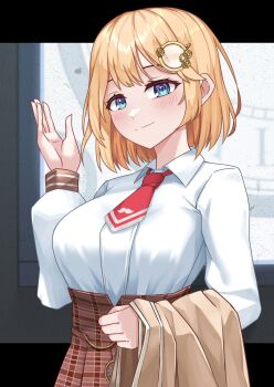 1girl blonde_hair blue_eyes bob_cut breasts closed_mouth hair_ornament highres holding holding_unworn_clothes hololive hololive_english long_sleeves looking_at_viewer shirt shuazir skirt smile solo virtual_youtuber watson_amelia watson_amelia_(1st_costume) white_shirt