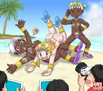 3boys 3girls absurdres anklet arms_behind_head arms_up ass beach beard bikini black_hair blonde_hair blue_bikini blue_eyes blue_shoes blush bracer breasts camera camouflage camouflage_headwear cellphone closed_eyes cloud coke-bottle_glasses collarbone dancer dark_skin earrings embarrassed facial_hair fallen_down flat_chest flower glasses green_headscarf grin hair_flower hair_ornament hand_on_own_face headscarf high_heels highres holding holding_camera holding_phone jewelry large_breasts loli long_hair marup micro_bikini multiple_boys multiple_girls mustache navel necklace ocean open_mouth oppai_loli original palm_tree phone purple_bikini purple_eyes purple_shoes red_shirt samba sand shirt shoes short_hair sima-chan_(marup) sky smartphone smile standing surprised swimsuit taking_picture teeth topless_female tree unworn_bikini_top wardrobe_malfunction water white_hair