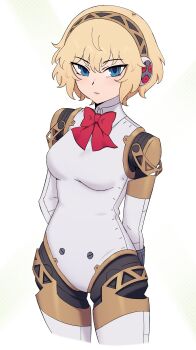 1girl aigis_(persona) android blonde_hair commentary edmonmondo english_commentary gold_hairband hairband headphones highres joints persona persona_3 robot_ears robot_girl robot_joints simple_background solo white_background