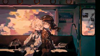 Rule 34 | 2girls, bag, black choker, black dress, black hair, black hat, black pantyhose, black ribbon, chinese commentary, choker, closed mouth, commentary request, dress, goggles, goggles on headwear, grey eyes, hair ornament, hat, highres, kurobe nanoka, leaning on person, long hair, long sleeves, looking at viewer, mahou shoujo no majo saiban, multicolored hair, multiple girls, neck ribbon, pantyhose, qin'ai de zhaohe shanguang zhuai jie, ribbon, sakuraba ema, school bag, short hair, sitting, sleeping, sleeping on person, sleeping upright, train interior, twintails, x hair ornament