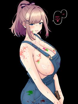 1girl absurdres alternate_eye_color areola_slip armpit_crease bare_shoulders black_background black_bow blue_eyes blue_overalls blush bow breasts brown_hair cleavage collarbone commentary empty_eyes english_commentary hair_intakes hair_ornament hairclip high_ponytail highres holding huge_breasts j-luid long_hair naked_overalls nijisanji open_mouth overalls paint_on_clothes paint_splatter paint_splatter_on_face pink_bow ponytail sideboob simple_background smile solo speech_bubble striped_bow suzuhara_lulu sweat two-tone_bow virtual_youtuber