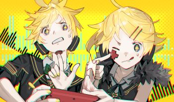 +_+ 1boy 1girl afterimage ahoge blonde_hair blue_eyes bow bowtie brother_and_sister cheek_poking clenched_teeth commentary_request controller fur_trim green_bow green_bowtie headphones highres kagamine_len kagamine_rin motion_lines one_eye_closed poking remote_control remote_control_(vocaloid) sailor_collar sailor_shirt shirt siblings soyaka sweatdrop teeth tongue tongue_out twins vocaloid yellow_nails