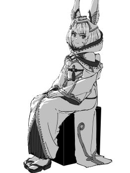 1girl animal_ear_fluff animal_ears box cat_ears cat_girl chin_bell closed_mouth commentary_request full_body greyscale highres monochrome nia_(xenoblade) okobo on_box platform_sandals sandals simple_background sitting smile solo tabi white_background xenoblade_chronicles_(series) xenoblade_chronicles_3