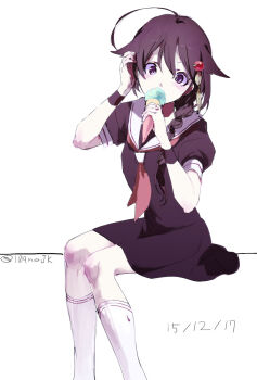 1girl ahoge bad_id black_dress braid dated dress food hageshii_nakano hair_between_eyes hair_flaps hair_over_shoulder highres holding holding_food holding_ice_cream ice_cream ice_cream_cone invisible_chair kantai_collection kneehighs looking_at_viewer neckerchief red_neckerchief sailor_collar sailor_dress school_uniform serafuku shigure_(kancolle) shigure_kai_ni_(kancolle) simple_background single_braid sitting socks solo twitter_username white_background white_sailor_collar white_socks