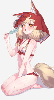 1girl absurdres animal_ears arknights arknights:_endfield bikini blonde_hair blush breasts detached_hood food highres holding holding_food holding_popsicle hood hood_up looking_at_viewer medium_breasts medium_hair popsicle rossi_(arknights) seiza sicsic49 simple_background sitting solo sweat swimsuit tail tongue tongue_out white_background white_bikini wolf_ears wolf_girl wolf_tail yellow_eyes